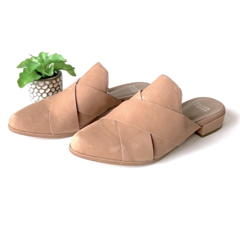Eileen Fisher Bauer Tumbled Nubuck Mule Tan Leather Crisscross Flat Slide Size 9